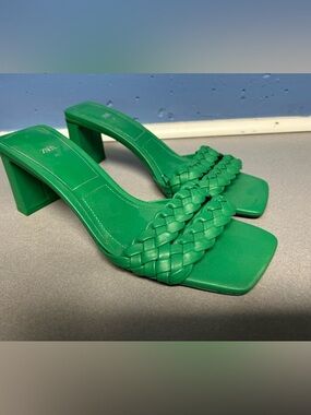 Zara Green Braided Square-Toe Block Heel Sandals